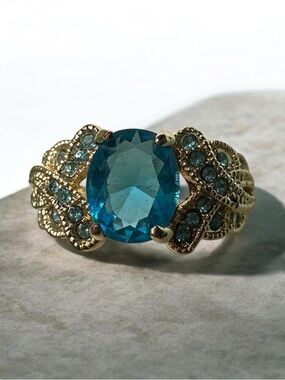 Gold-Tone Blue Crystal Statement Ring - Women Jewelry